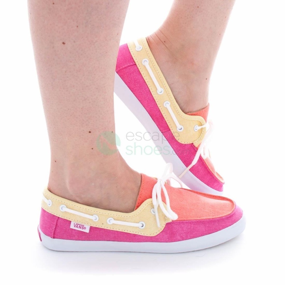 Vans Chauffette boat shoes in a pink and yellow canvas